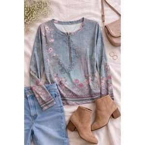 CamiNgals Floral Long Sleeve Top Women's Large Blue Boho Zip Neck Blouse